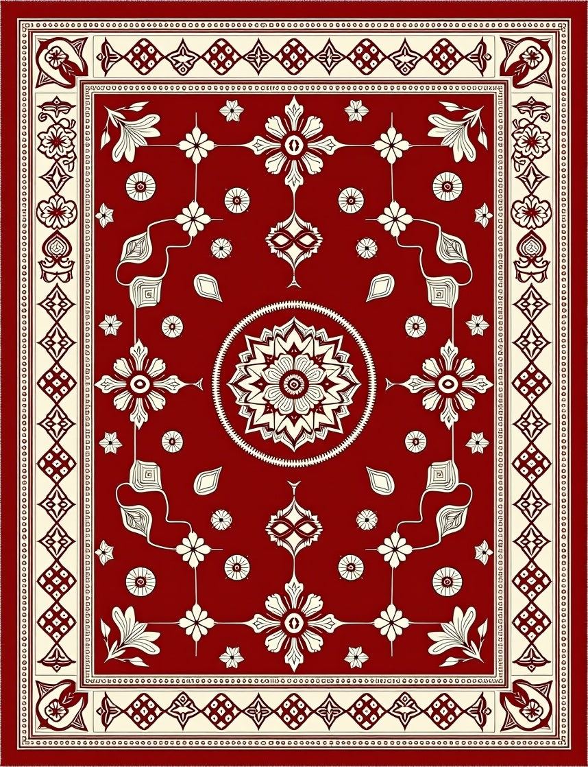 Rich Scarlet Cream Floral Border Art Rug