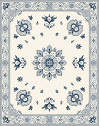 Cream Blue Floral Mandala Border Rug