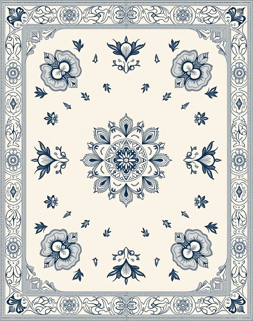 Cream Blue Floral Mandala Border Rug