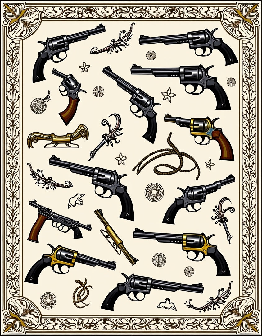 Vintage Pistol Collection In Ornate Border Rug