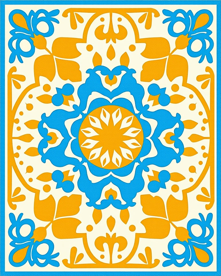 Bright Blue Orange Floral Medallion Rug