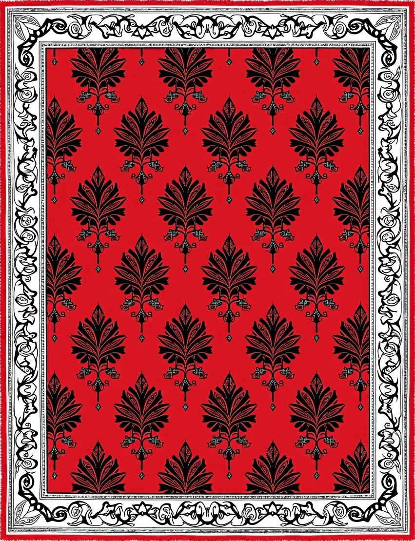 Crimson Black Floral Border Rug