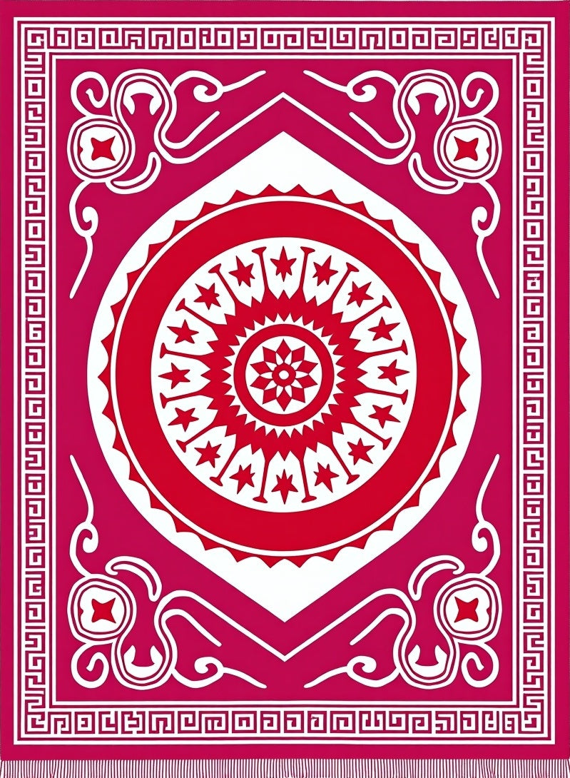 Vibrant Red Mandala Geometric Border Rug