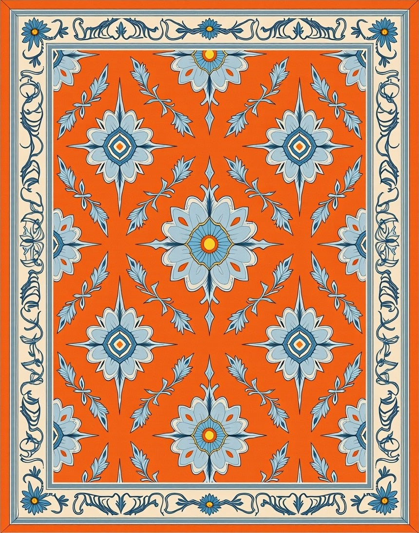 Ornate Blue White Floral Orange Border Rug