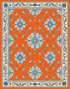 Ornate Blue White Floral Orange Border Rug