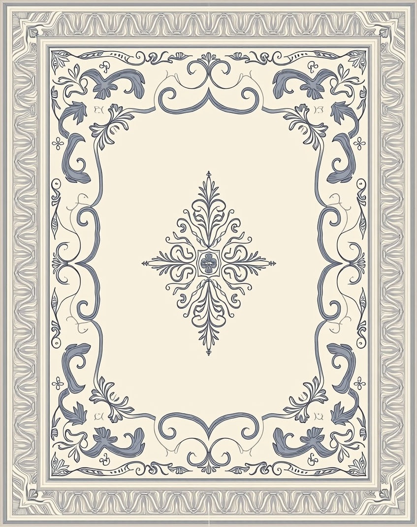 Cream Blue Floral Scroll Border Rug