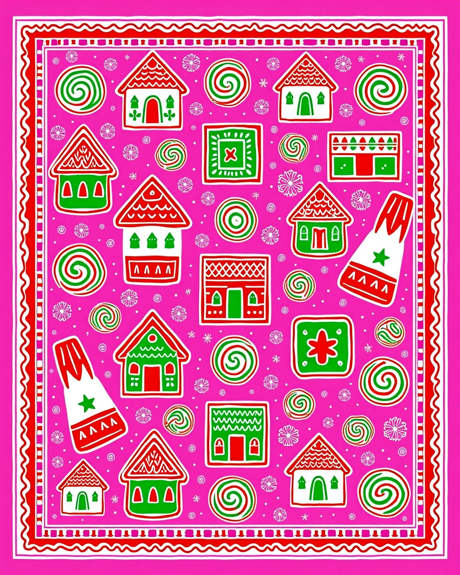 Pink Gingerbread Houses Swirls Bordered Rug
