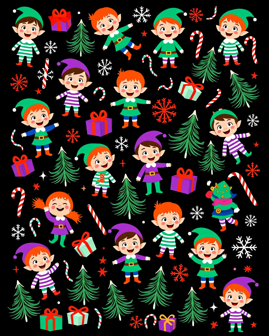 Whimsical Christmas Elves Candy Cane Trees Rug
