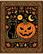 Black Cat Pumpkin Halloween Folk Art Rug