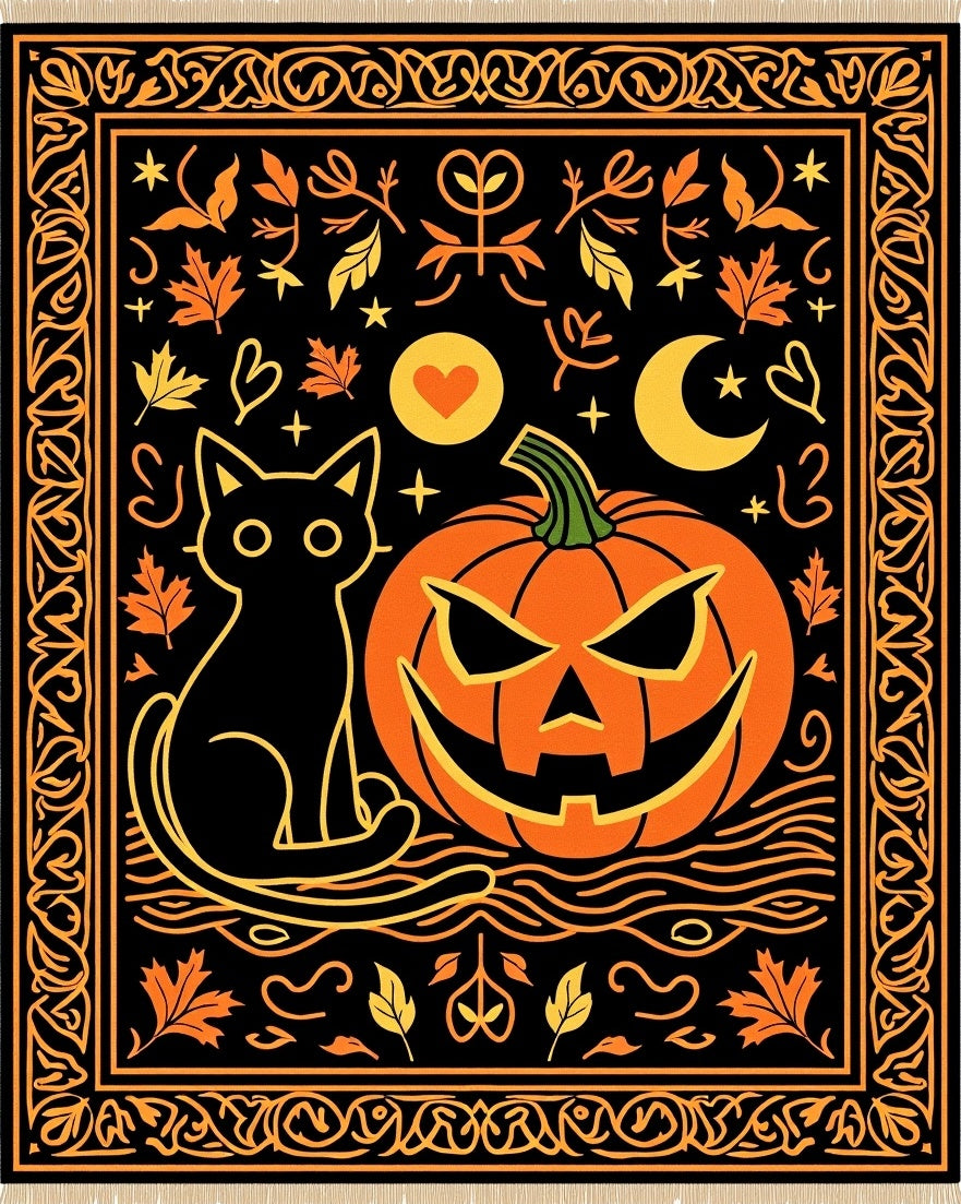 Black Cat Pumpkin Halloween Folk Art Rug