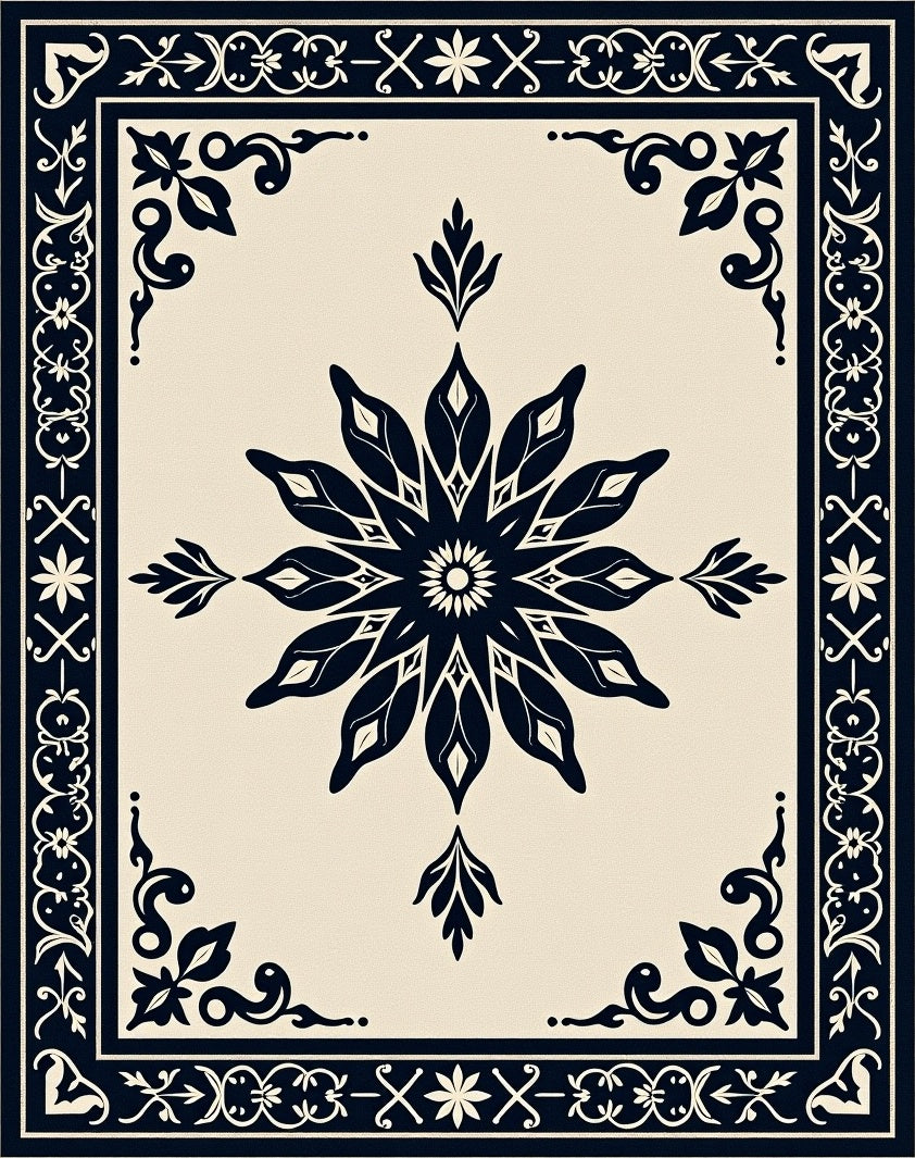 Deep Blue Floral Medallion Border Tile Rug