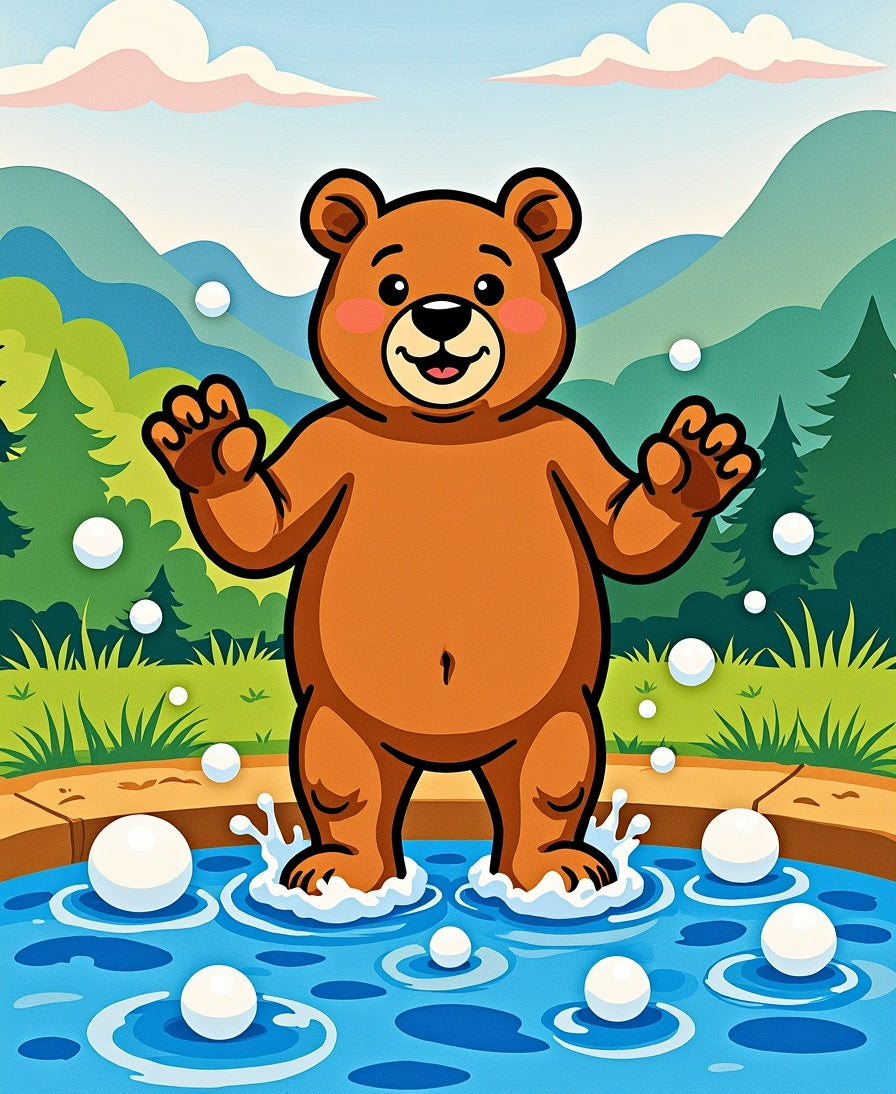 Playful Brown Bear in Blue Water Bubbles Rug