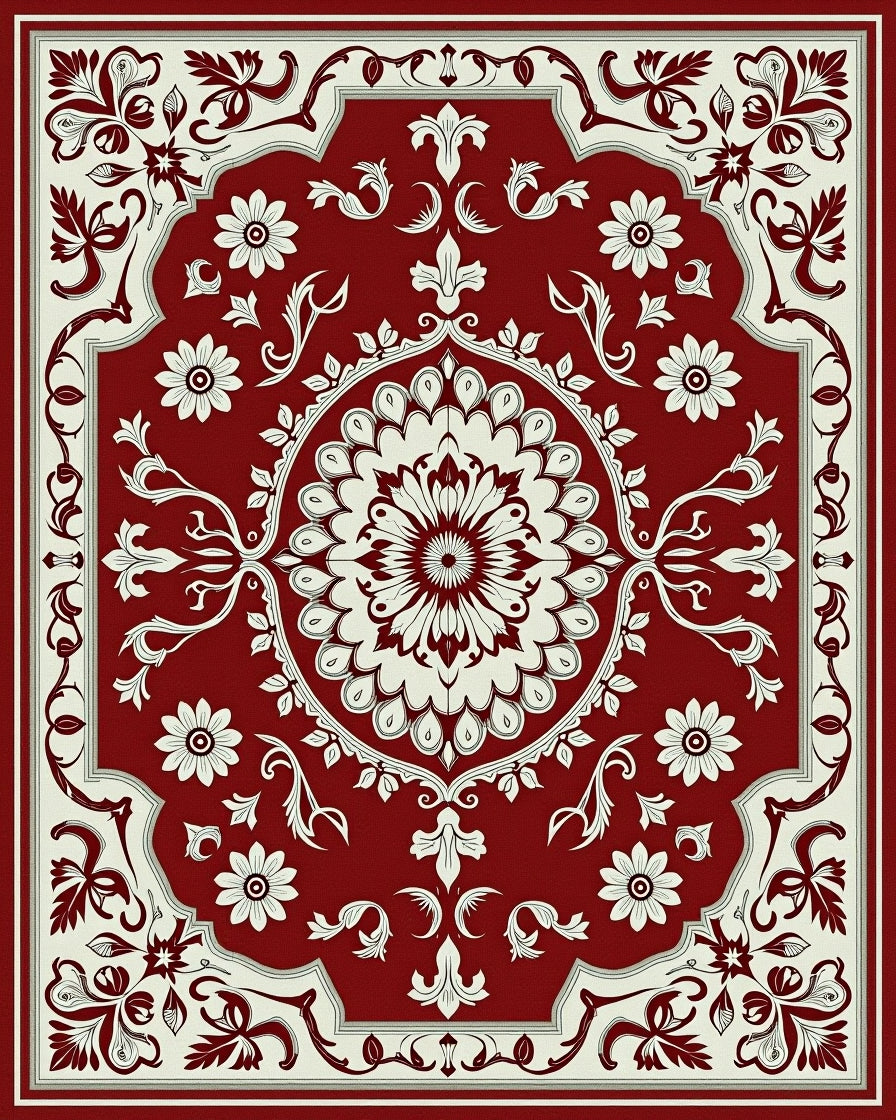 Deep Red Floral Frame Rug