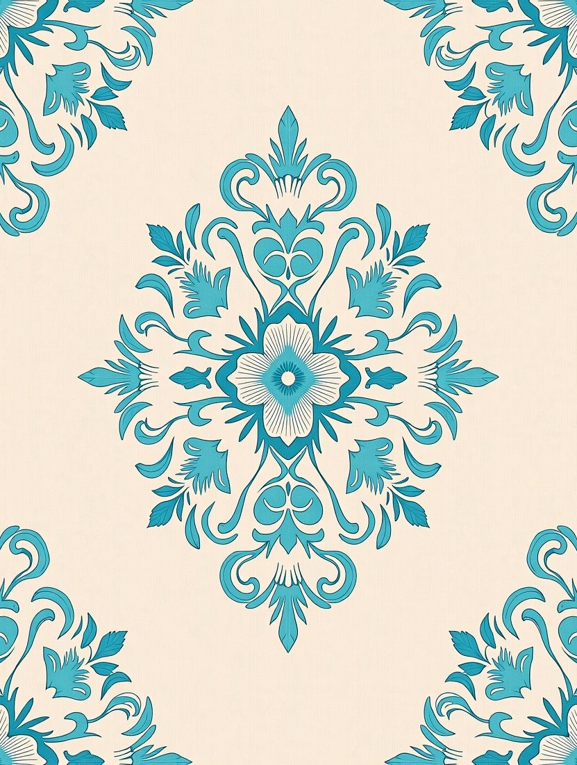 Teal Floral Damask Medallion Rug
