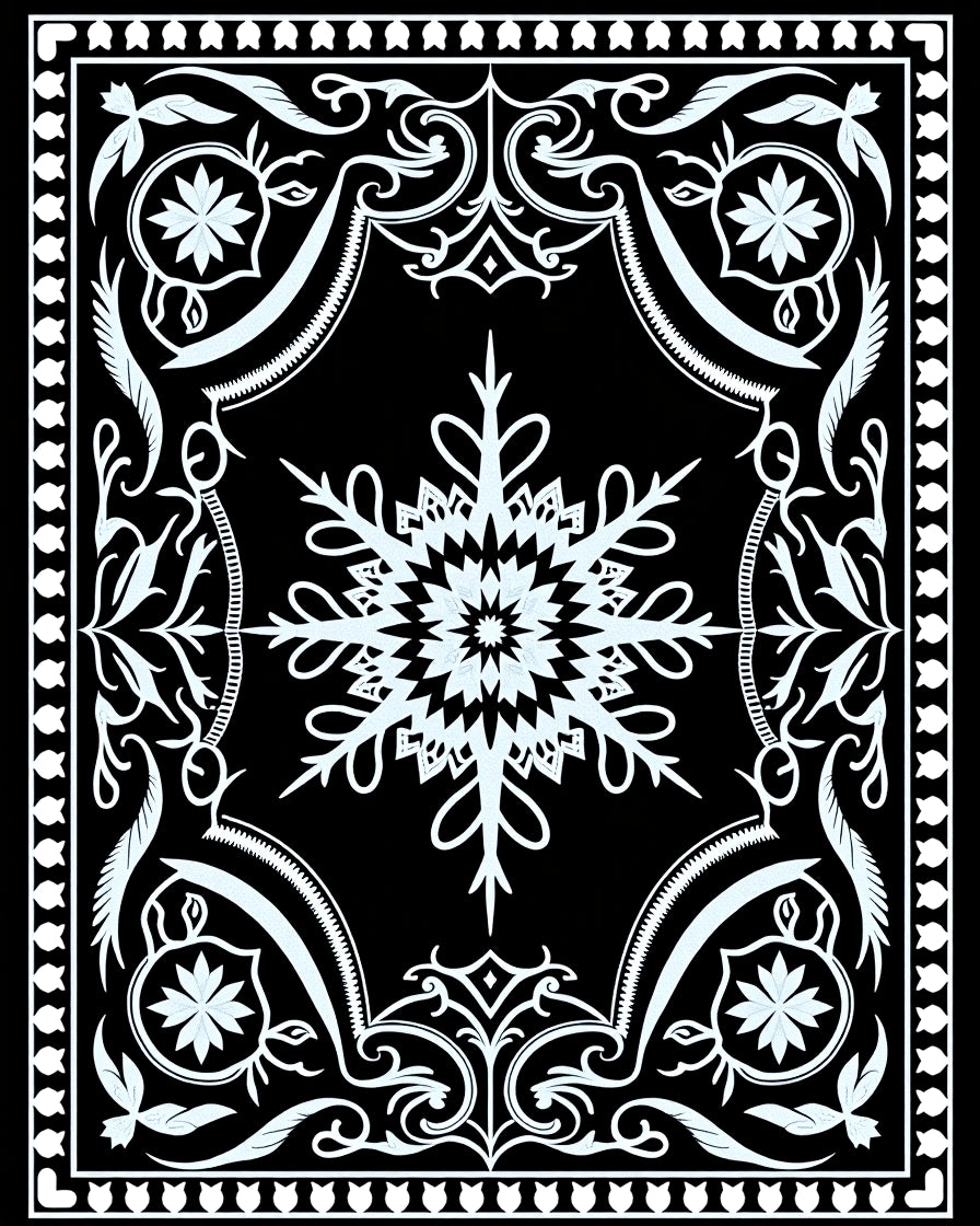Black White Snowflake Floral Medallion Rug