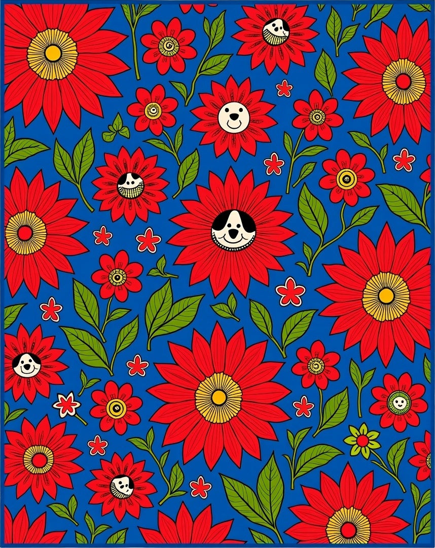 Red Floral Garden With Cute Dogs Rug
