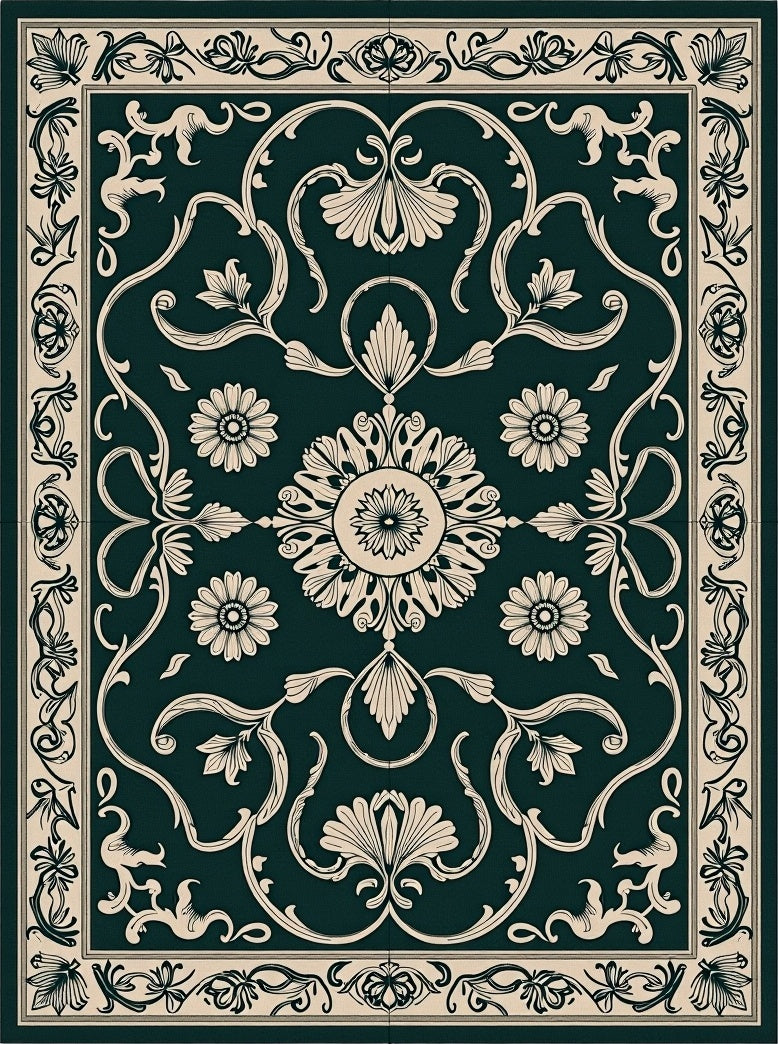 Elegant Cream Floral Vines Dark Green Rug