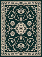 Elegant Cream Floral Vines Dark Green Rug