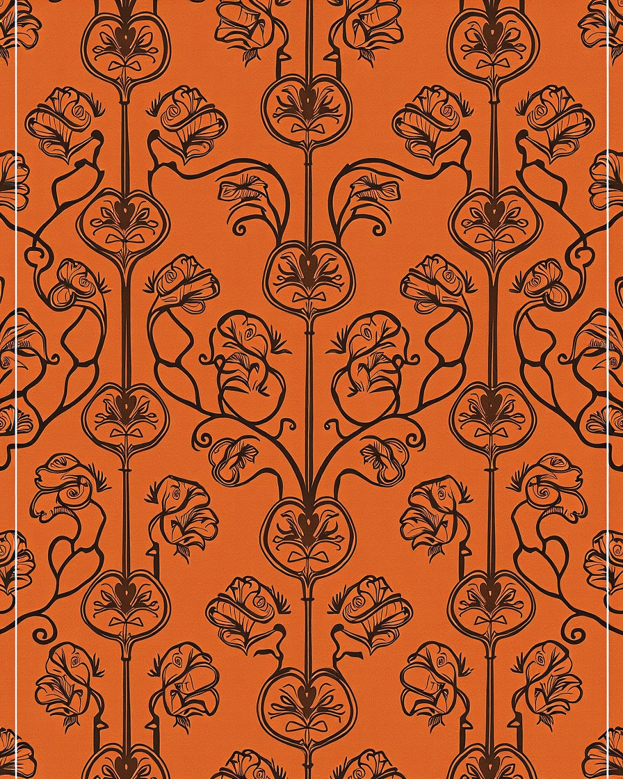 Orange Floral Art Nouveau Silhouette Rug