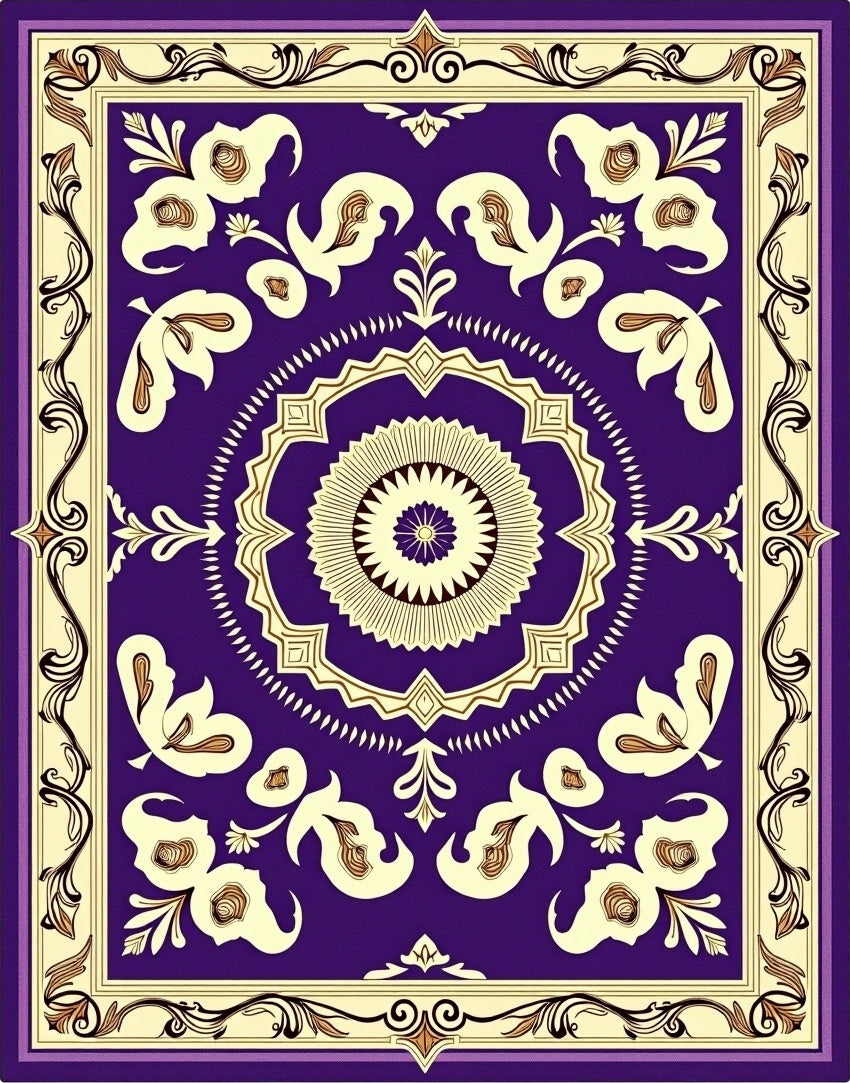 Purple Cream Floral Medallion Border Rug