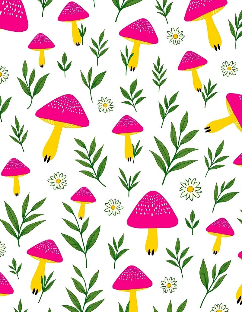 Whimsical Pink Mushroom Green Leaf Garden Rug