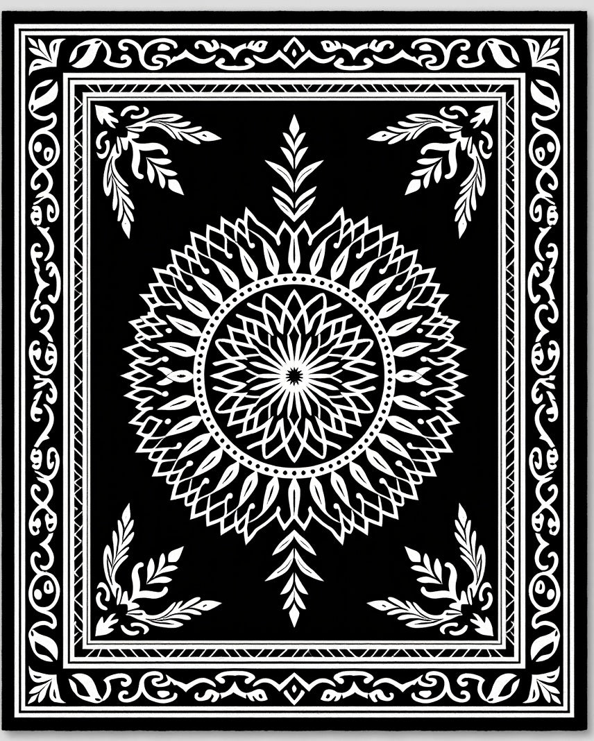 Classic Black White Medallion Floral Rug