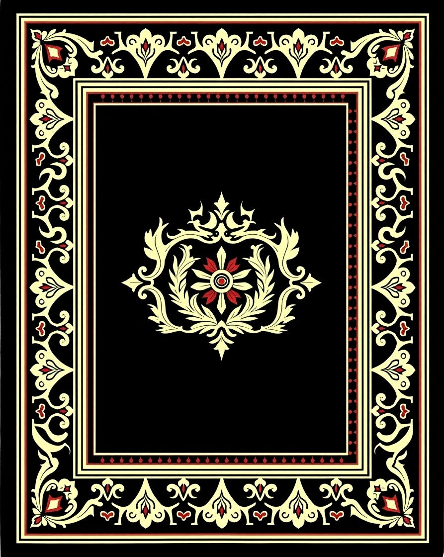 Black Cream Red Ornate Scroll Garden Rug
