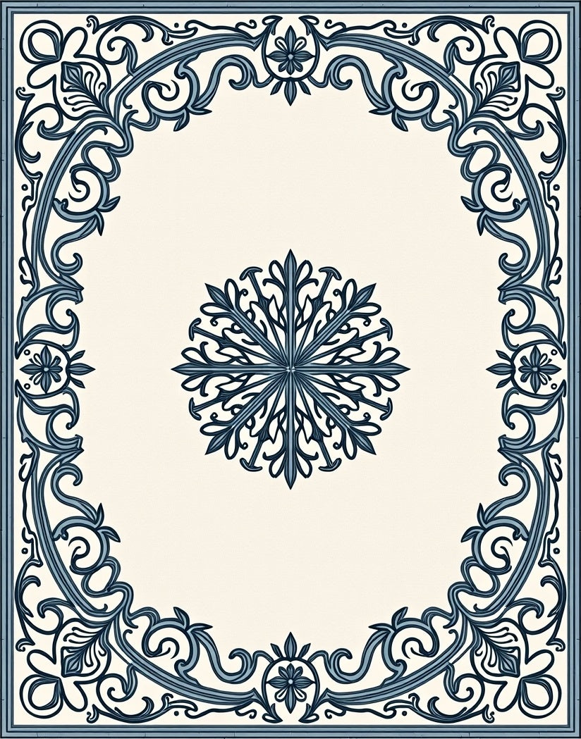 Vintage Navy Blue Floral Medallion Framing Rug