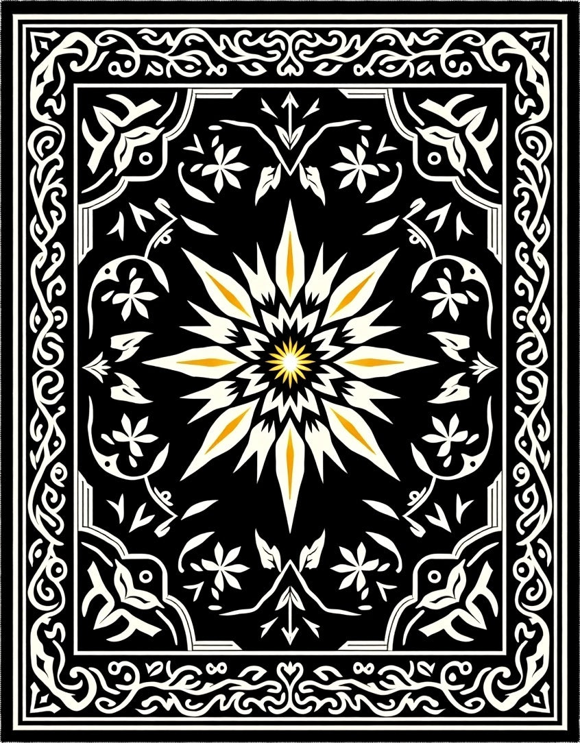 Black Golden Sunburst Floral Border Rug