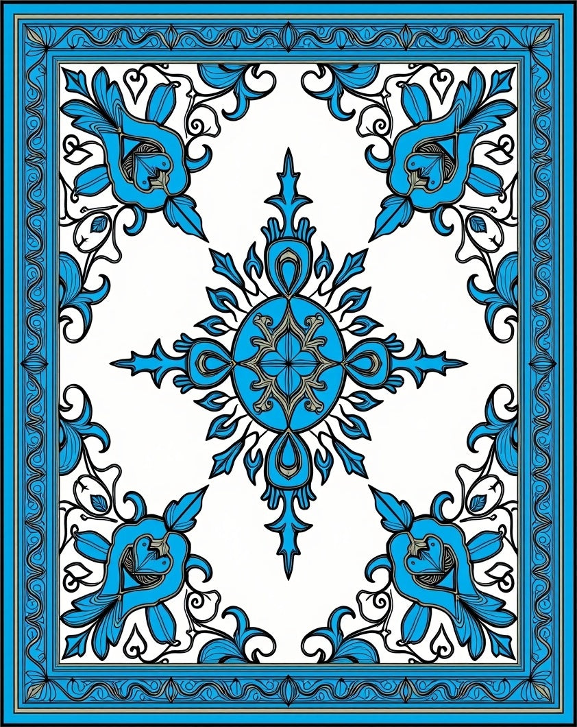 Azure Floral Medallion Border Rug