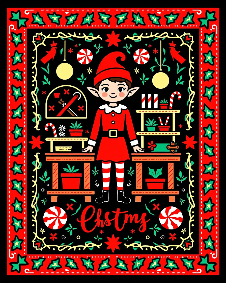 Whimsical Christmas Elf Workshop Holly Rug