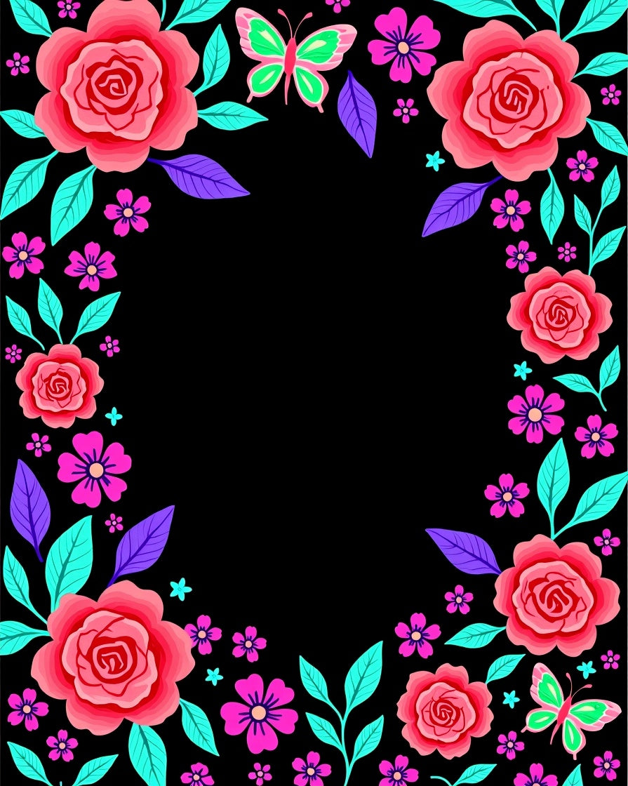 Vibrant Pink Roses Butterflies Floral Border Rug