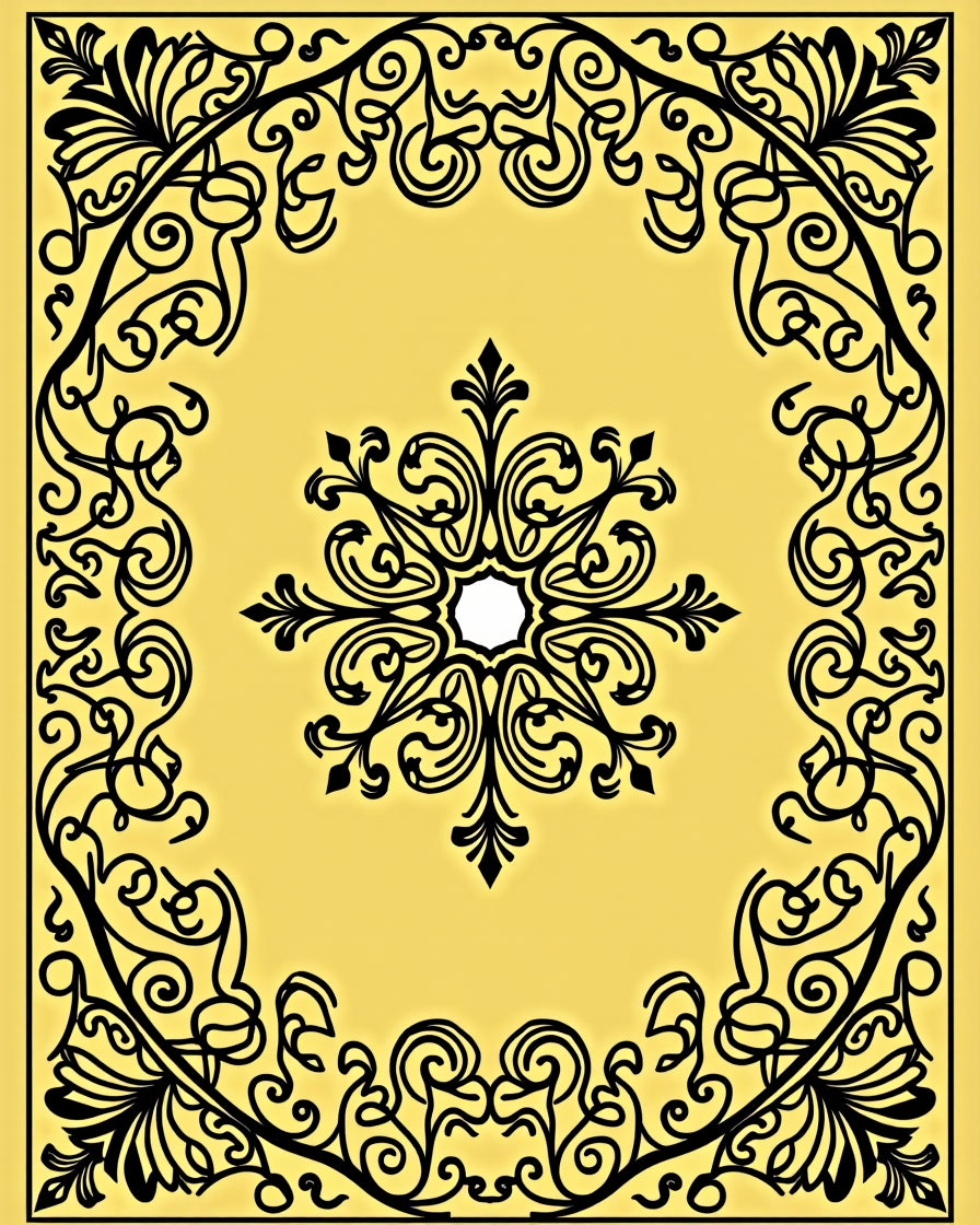 Yellow Black Scrollwork Medallion Frame Rug