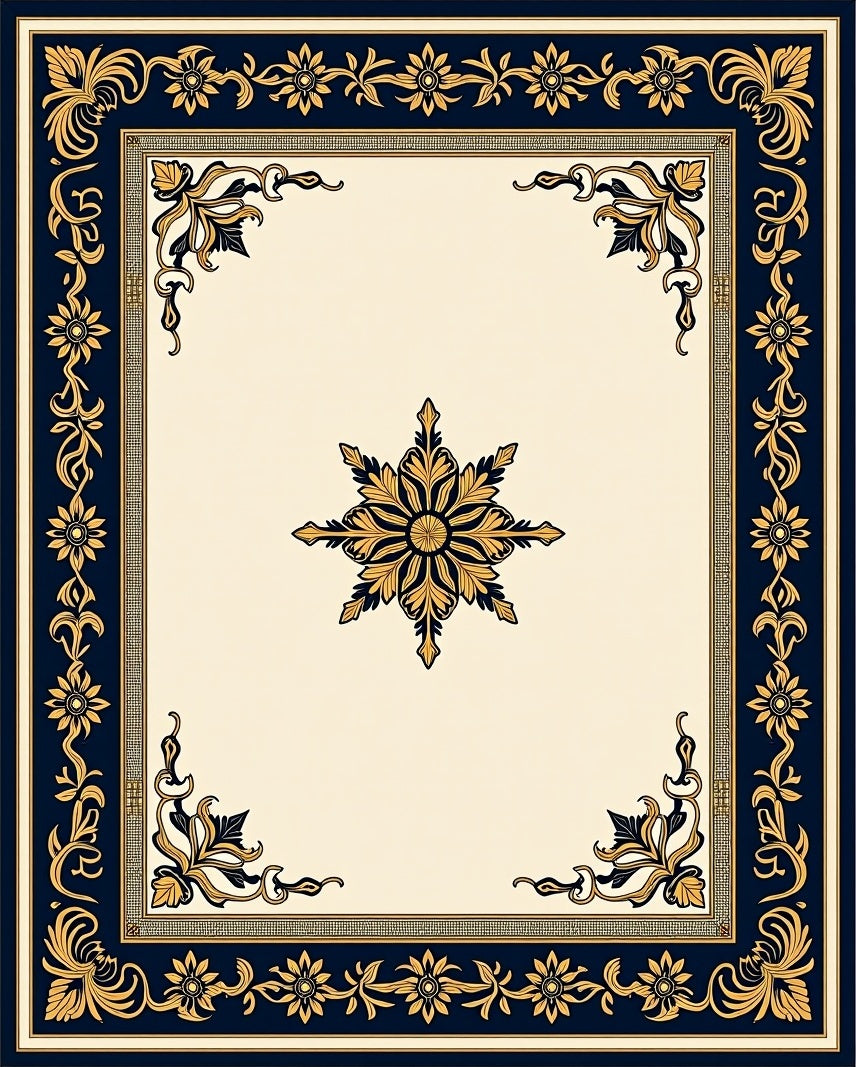 Elegant Ivory Black Golden Floral Medallion Rug