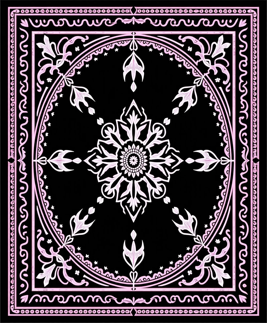 Pink Ornate Floral Mandala Black Rug