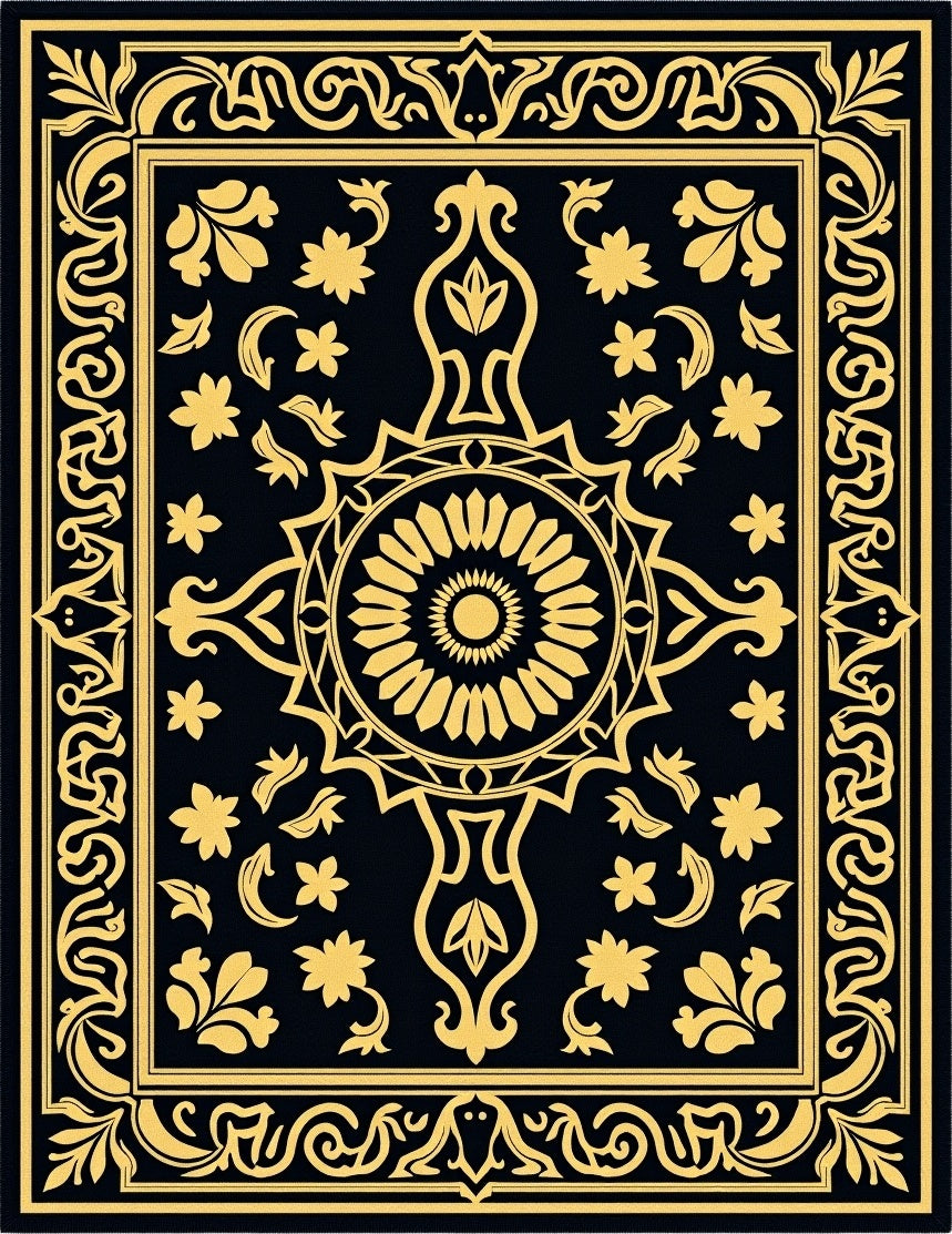Golden Black Floral Medallion Border Rug