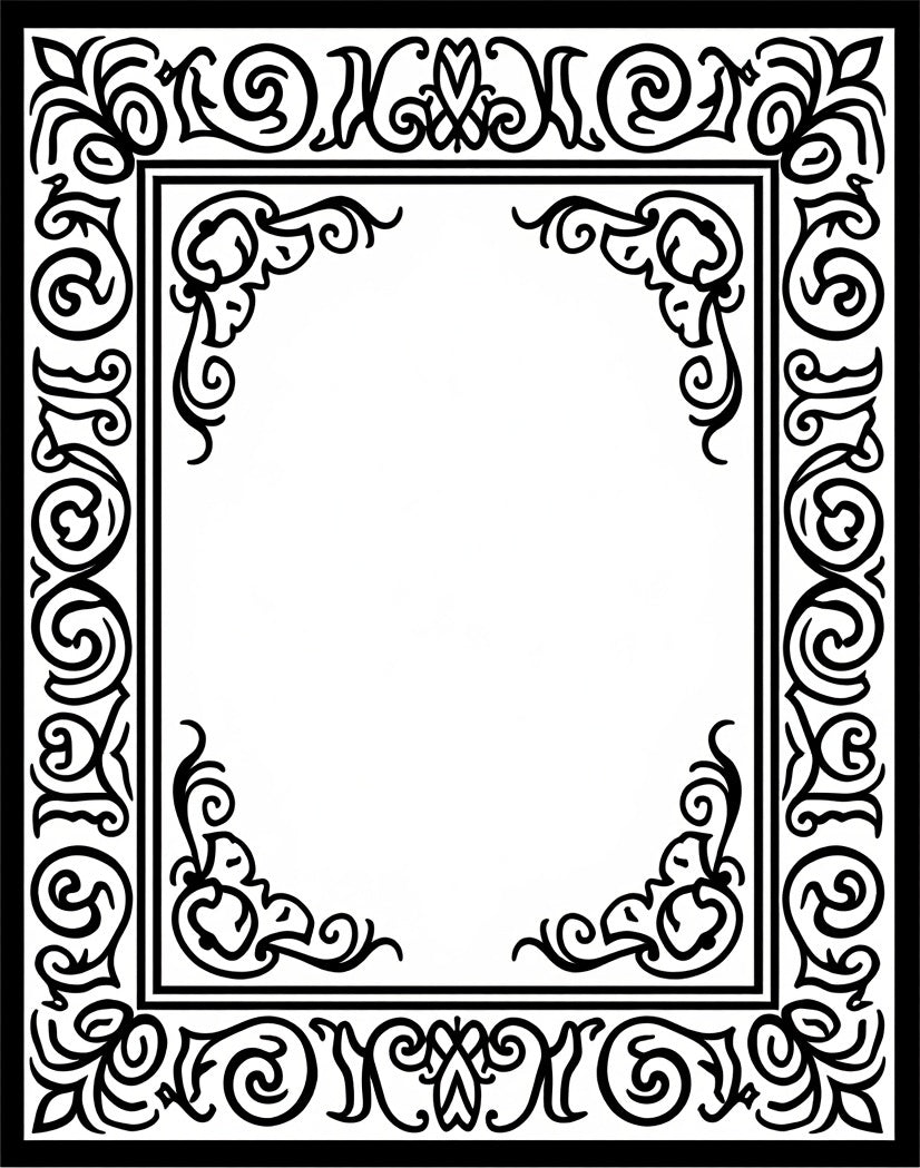 Black White Ornate Border Scrollwork Rug