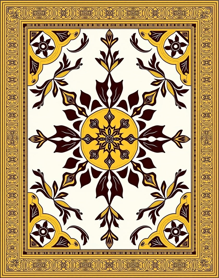 Antique Yellow Medallion Floral Border Rug