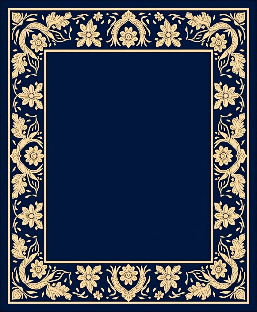 Navy Floral Scroll Border Rug