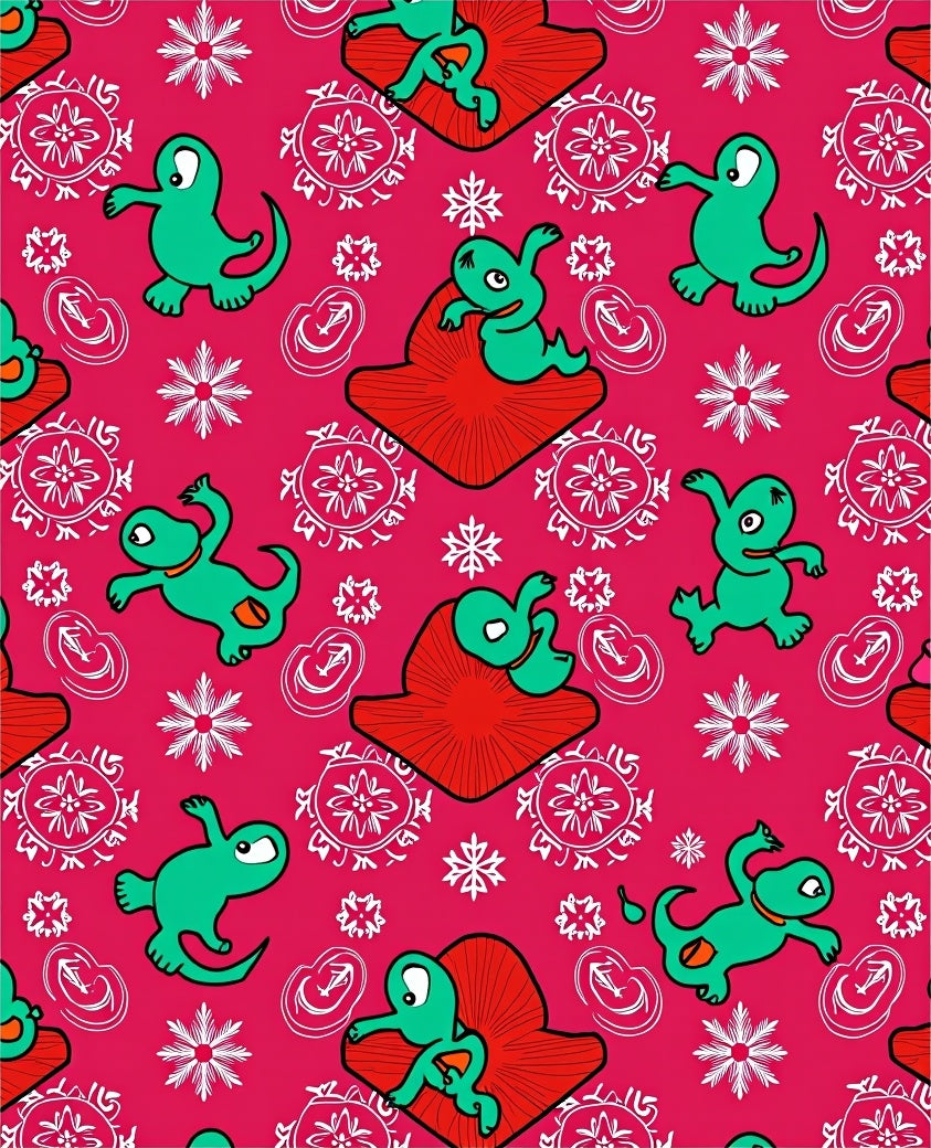 Whimsical Green Creatures Red Blooms Rug
