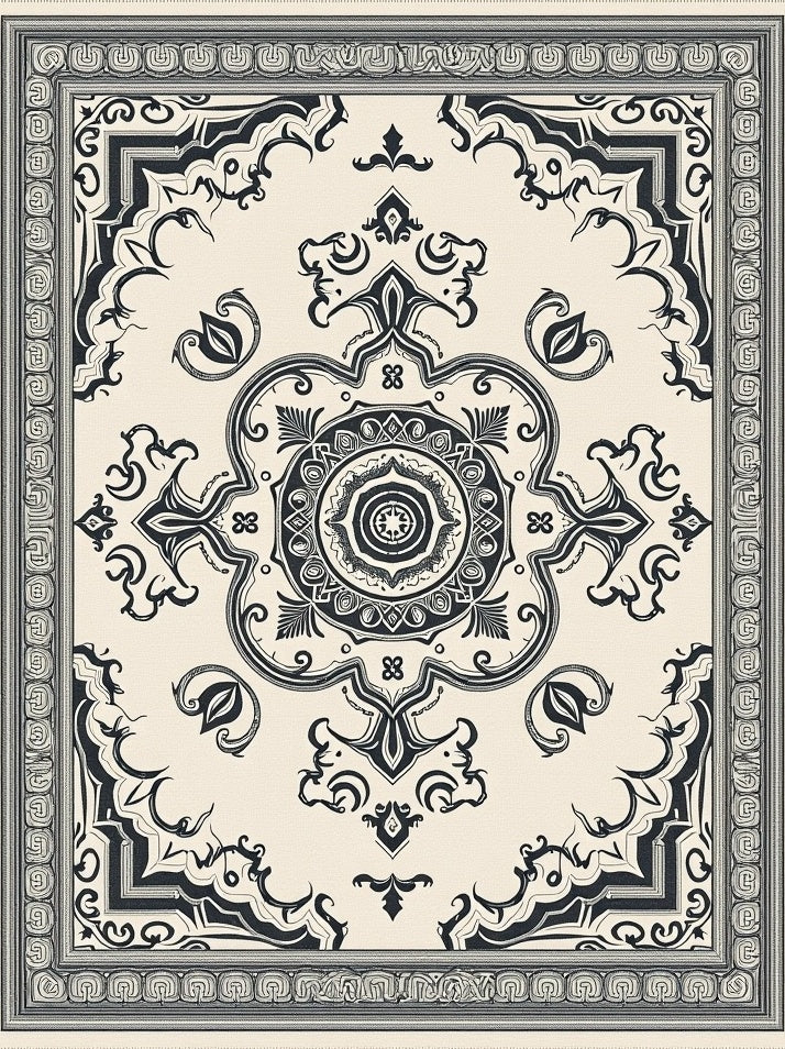 Ornate Black Ivory Medallion Frame Rug