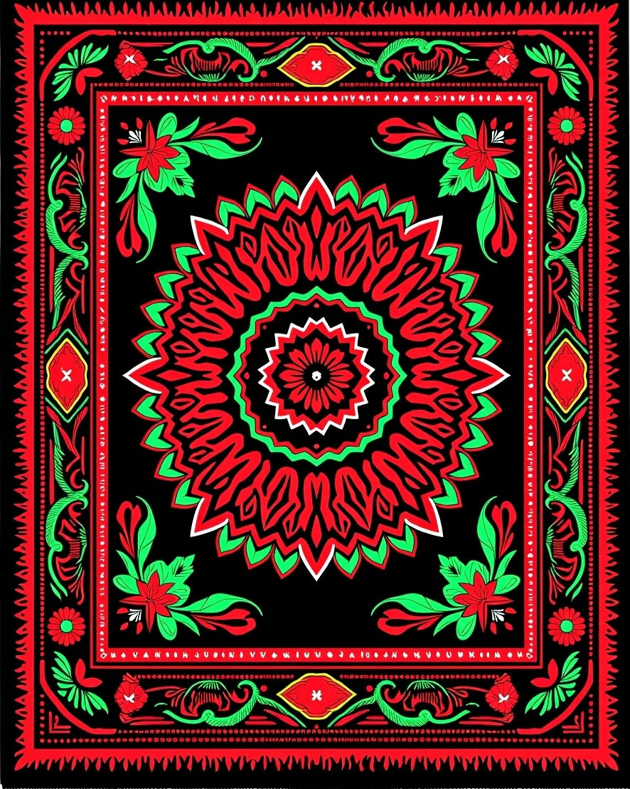 Bold Red Green Floral Mandala Tapestry Rug