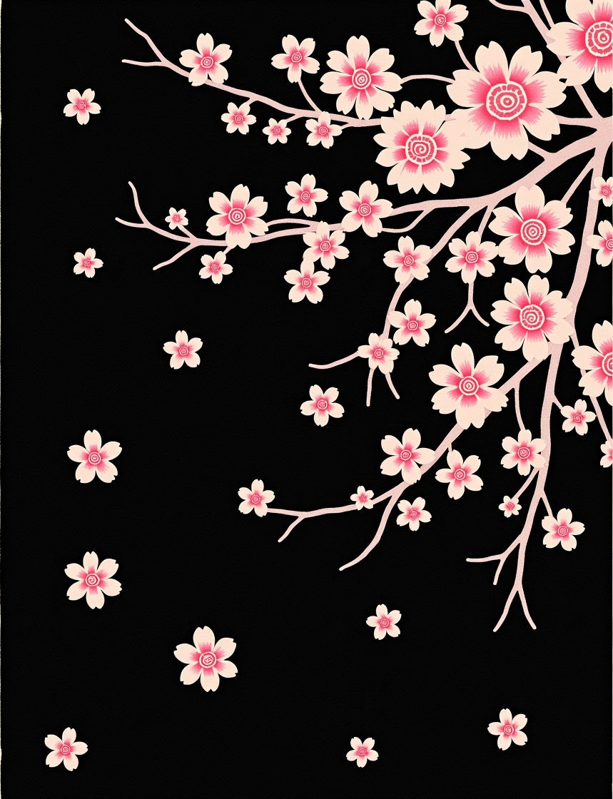 Pink Blossom Branches on Black Canvas Rug