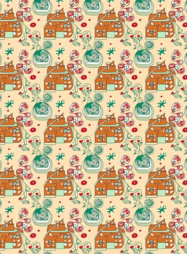 Whimsical Orange House Green Swirl Red Hearts Rug