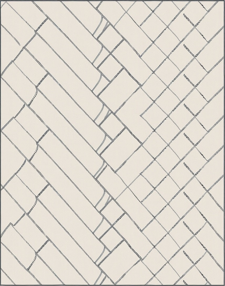 Cream Blue Geometric Intersecting Rectangles Rug