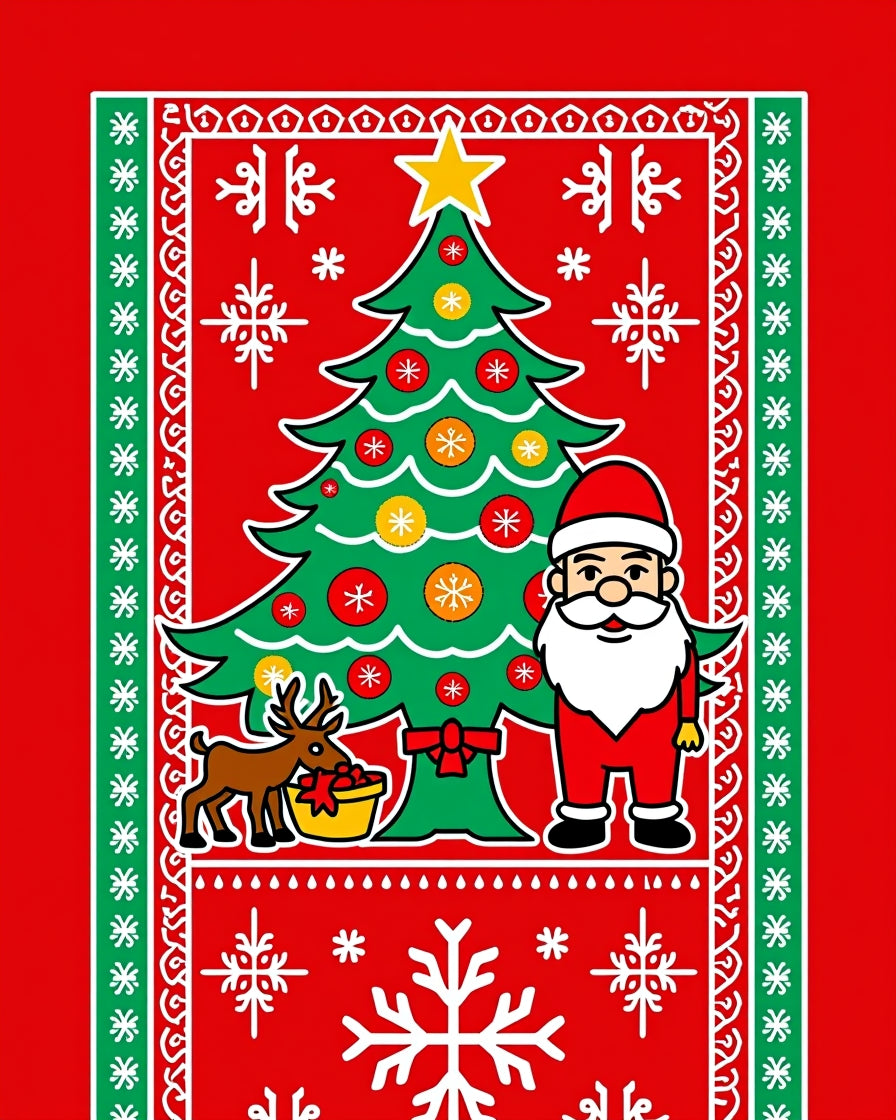 Red Christmas Tree Santa Reindeer Snowflakes Rug