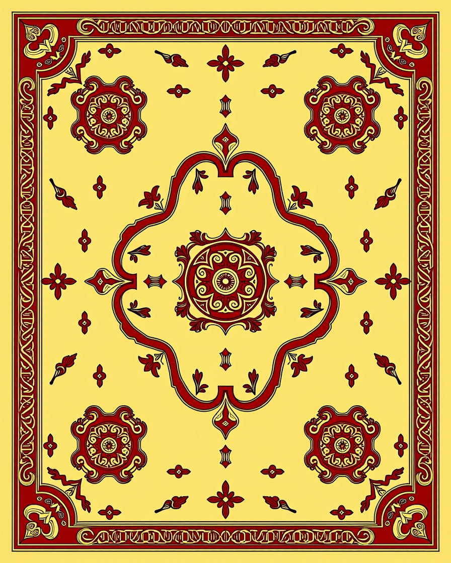 Ornate Red Floral Medallion Yellow Rug