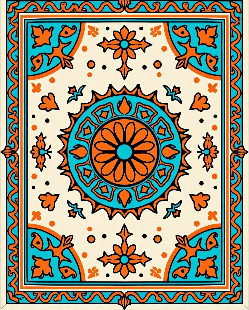 Orange Teal Sunburst Medallion Rug