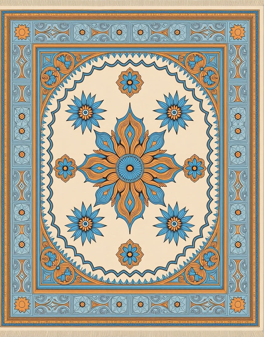 Ornate Blue and Orange Floral Mandala Rug
