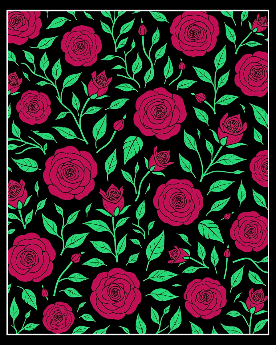 Crimson Rose Vine Black Background Rug